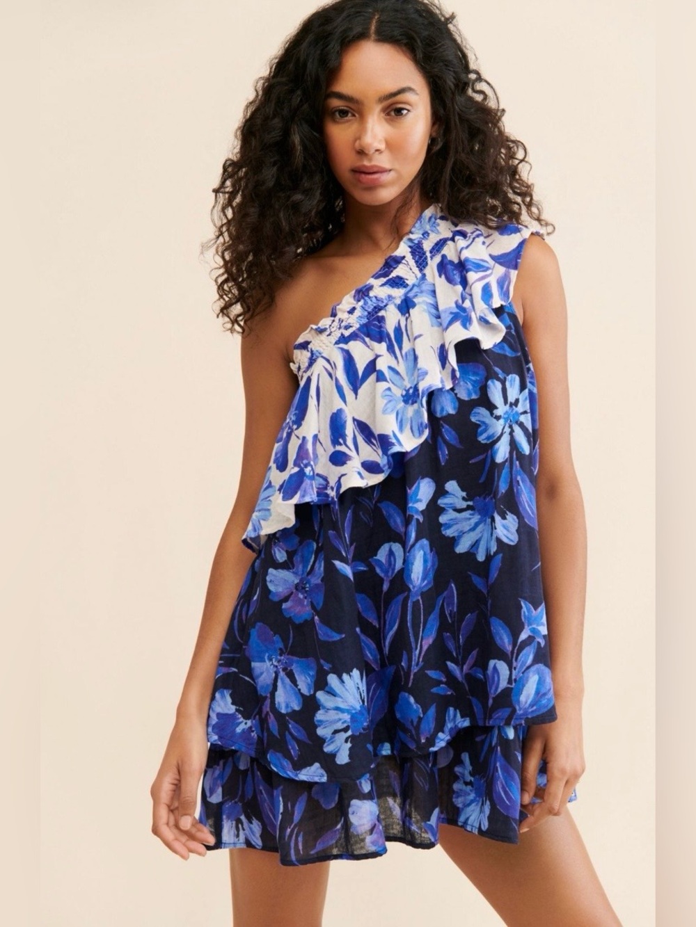 Anthropologie Navy and Blue Floral One-Shoulder Cotton Ruffle Mini Dress 2X